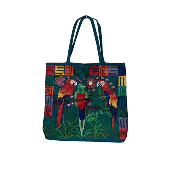 Birds Handmade Tote Purse Bag Floral Embroidered Parrot Boho Cottagecore Woven - Picture 1 of 7